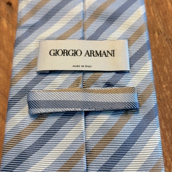 Giorgio Armani 100% Silk Diagonal Striped Necktie Blue White & Tan - Picture 1 of 5